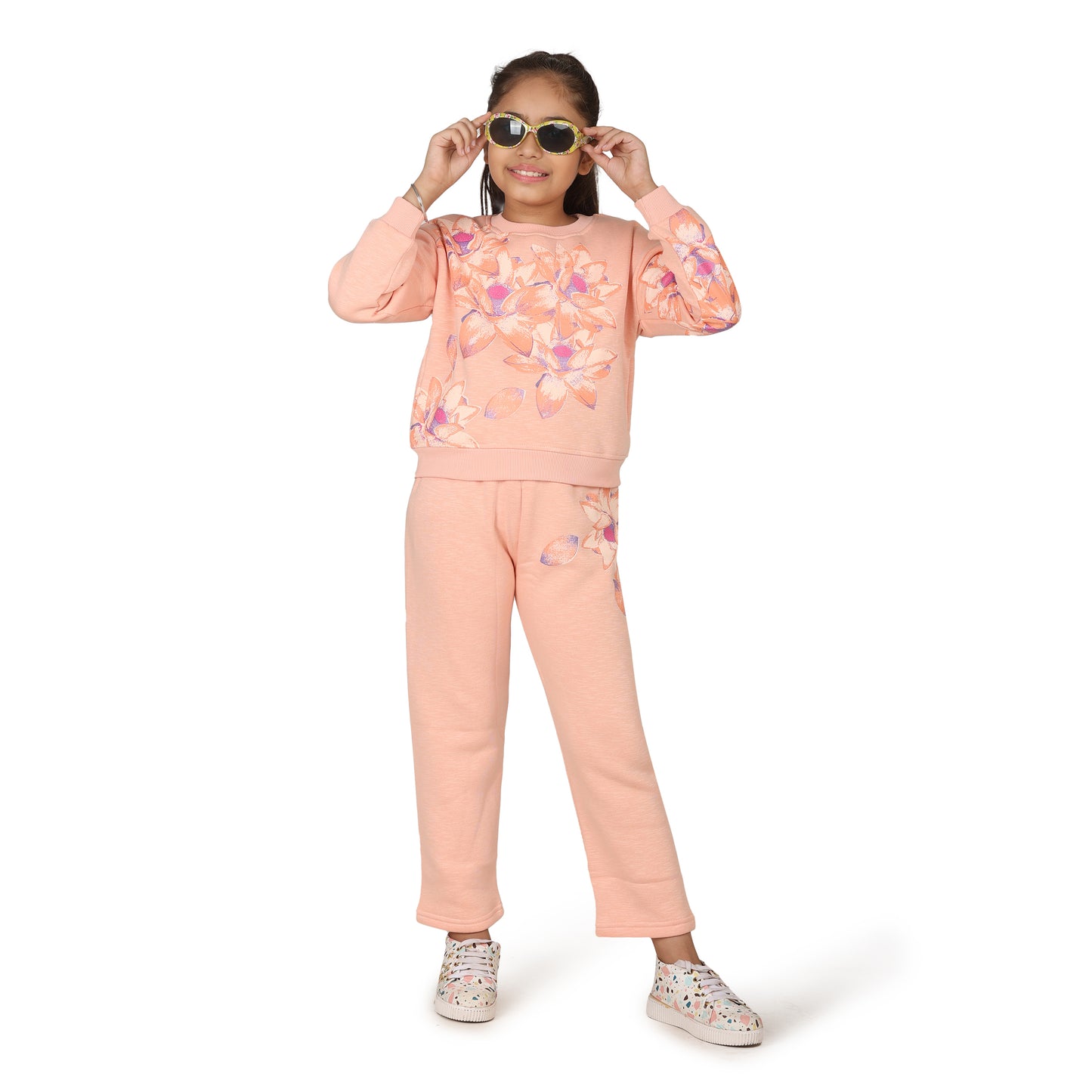 Pampolina Girls Floral Printed Track suit - Peach