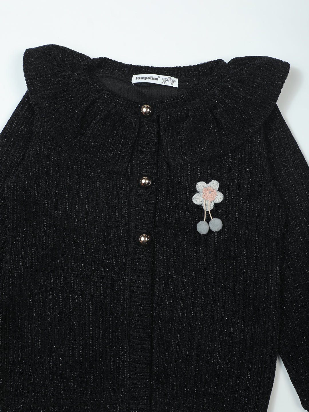 Pampolina Black Sparkle Cardigan with Ruffle Collar and Flower Detail