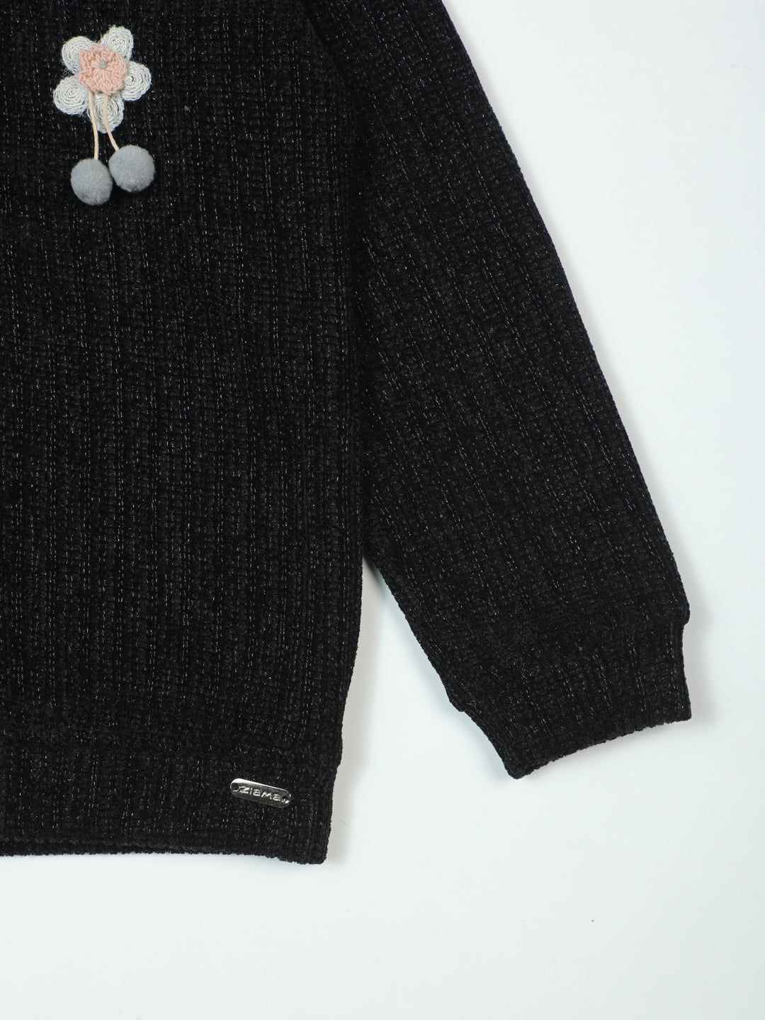 Pampolina Black Sparkle Cardigan with Ruffle Collar and Flower Detail