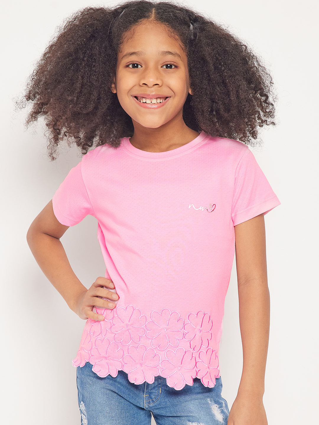 Pampolina Girls Floral Embroidery Printed Top- L.Pink