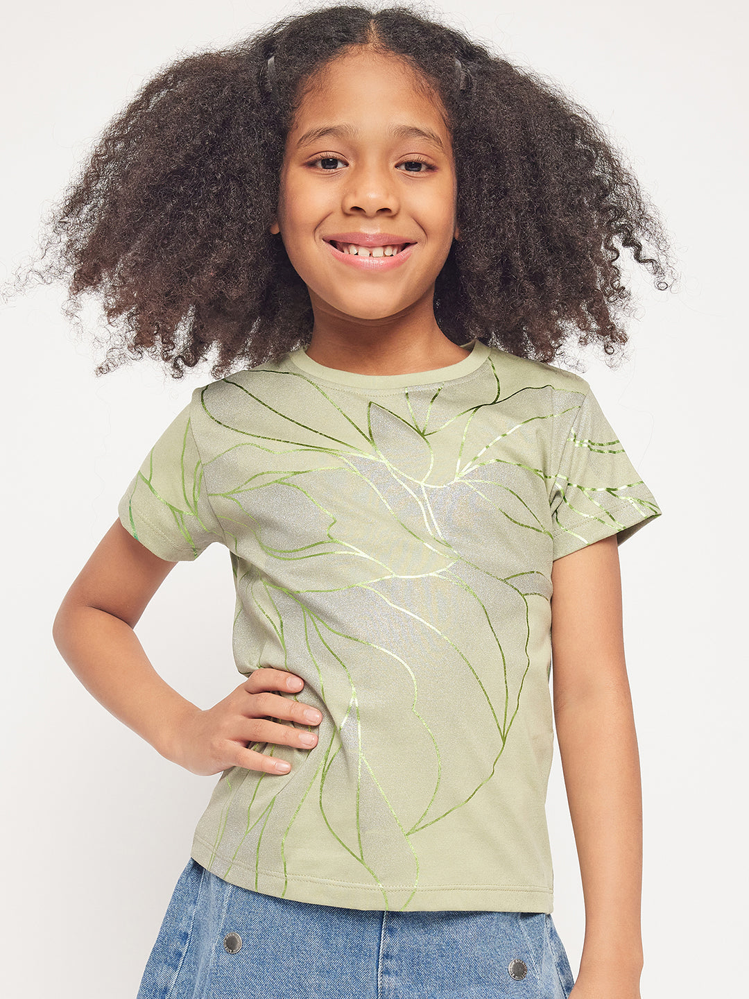 Pampolina Girls Allover Floral Printed Half Sleeve Top-Green