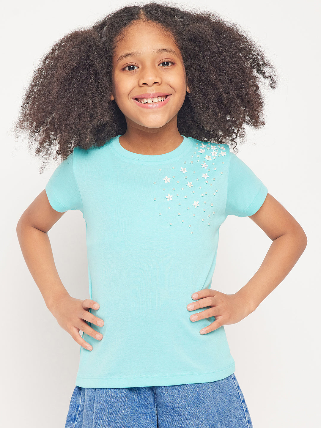 Pampolina Girls Solid Half Sleeve Top- Sky Blue