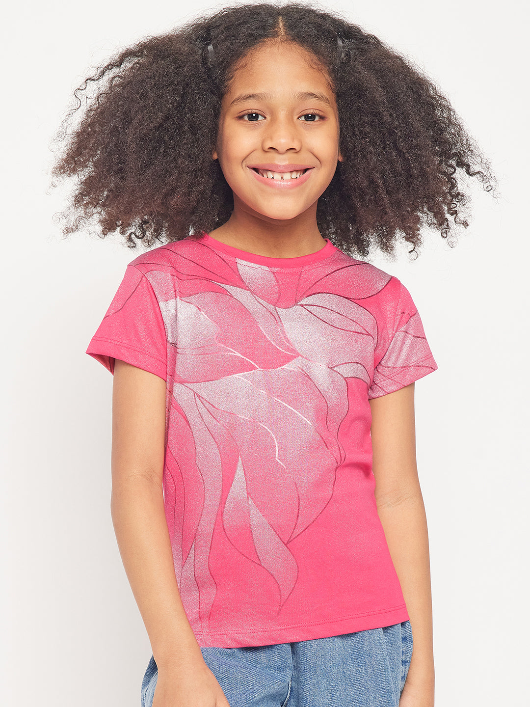 Pampolina Girls Allover Floral Printed Half Sleeve Top-Magenta
