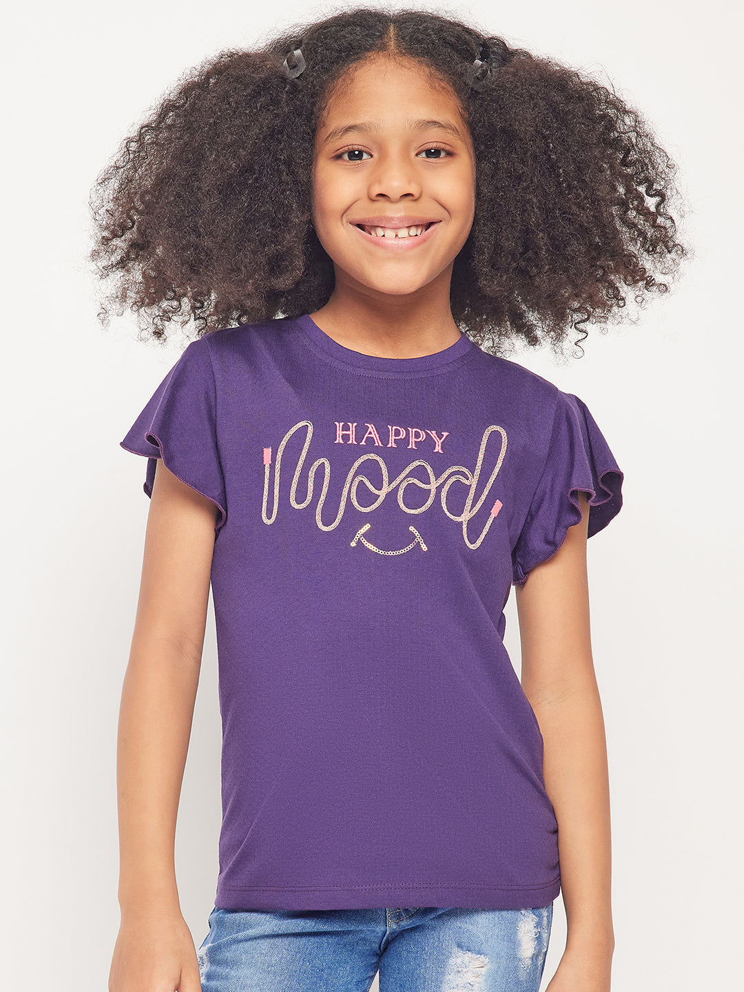 Pampolina Girls Mood Embroidery Printed Top- Purple