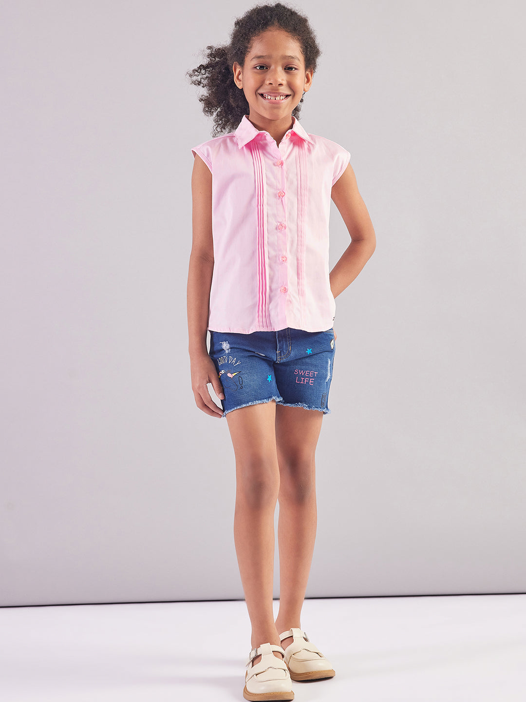 Pampolina Girls Collar Neck Textile Top-Pink