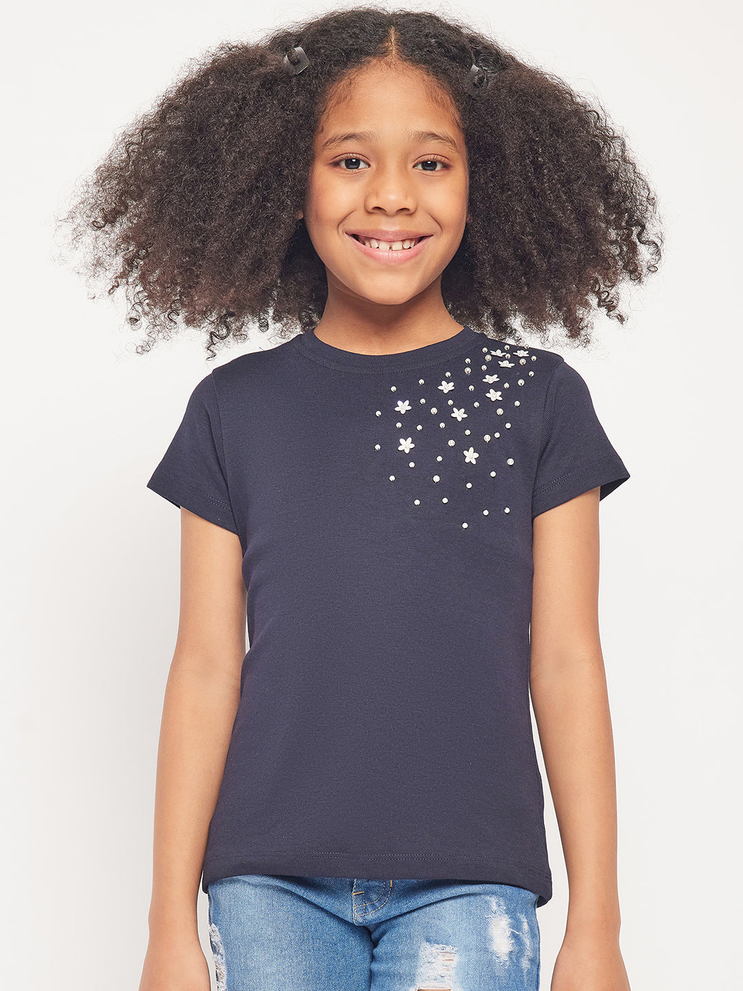 Pampolina Girls Solid Half Sleeve Top- Navy Blue