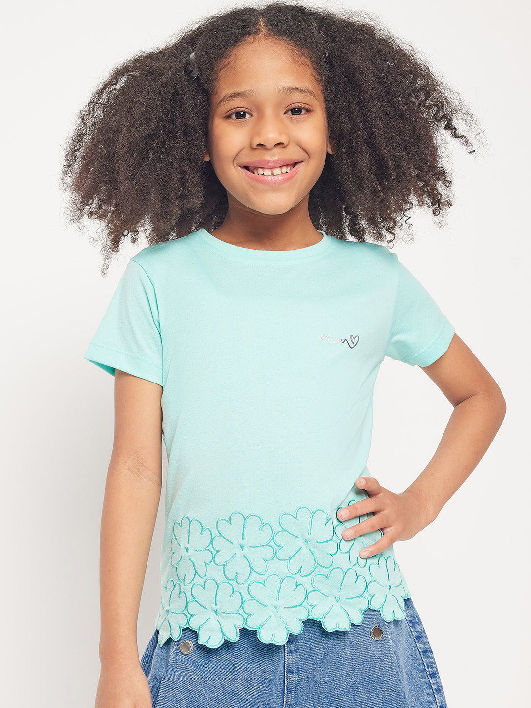 Pampolina Girls Embordering Printed Top- C.Green