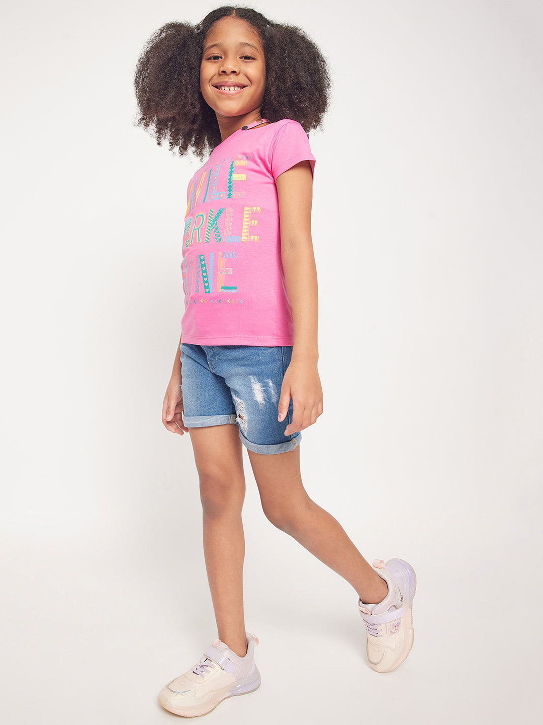 Pampolina Girls Printed Top With Cold Shoulder-Pink