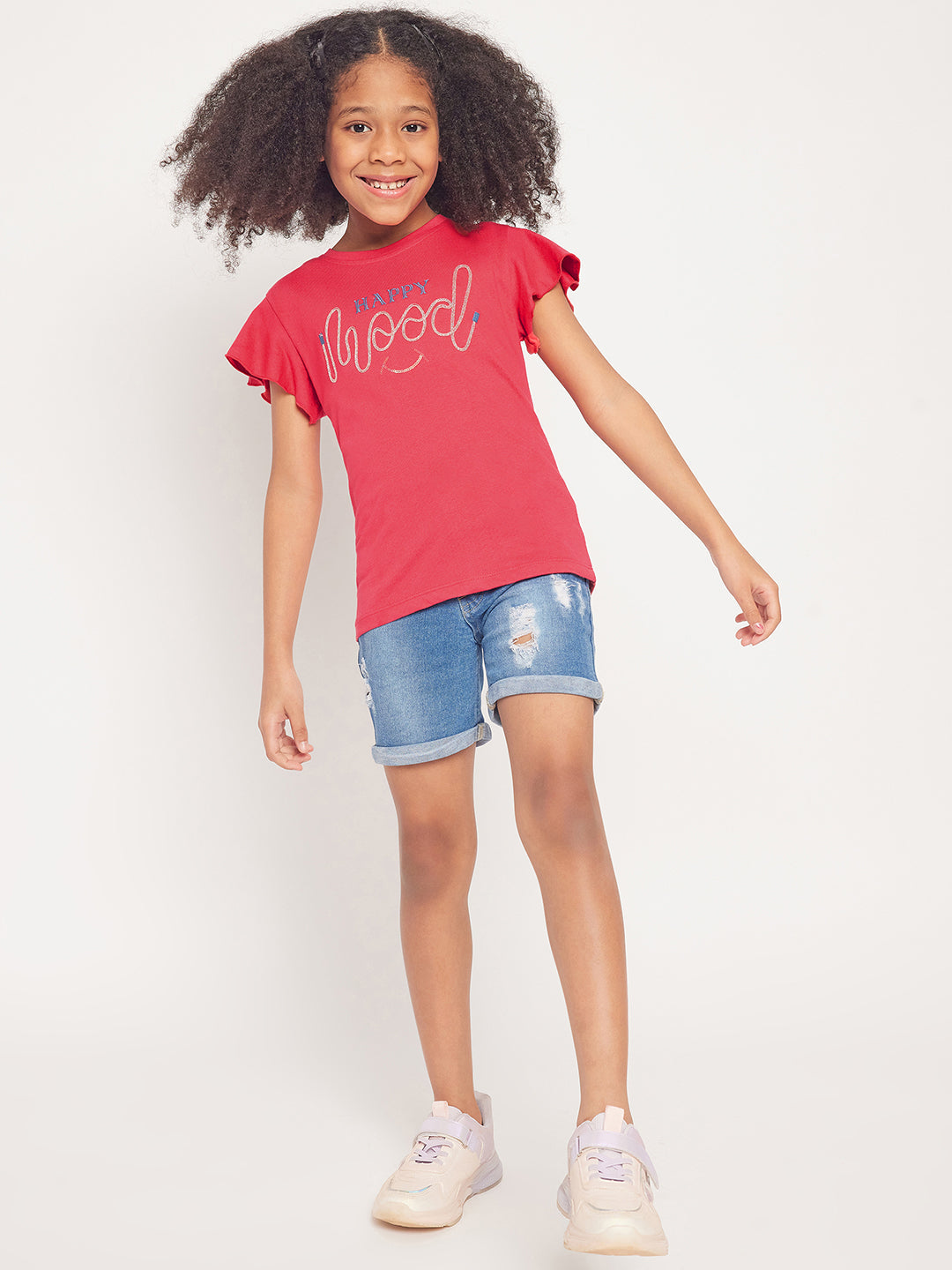 Pampolina Girls Mood Embroidery Printed Top- Coral