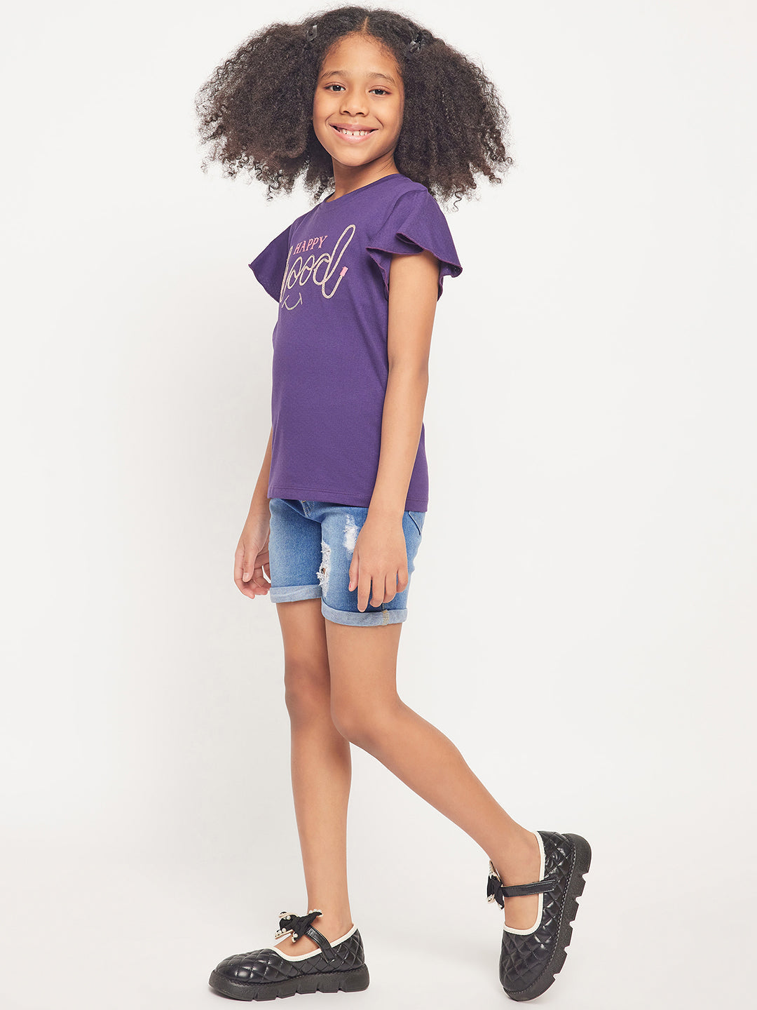 Pampolina Girls Mood Embroidery Printed Top- Purple