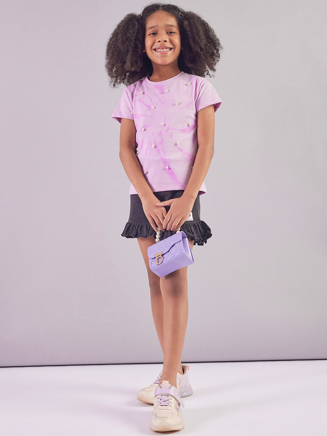 Pampolina Girls Sequined Printed Top- Lavender