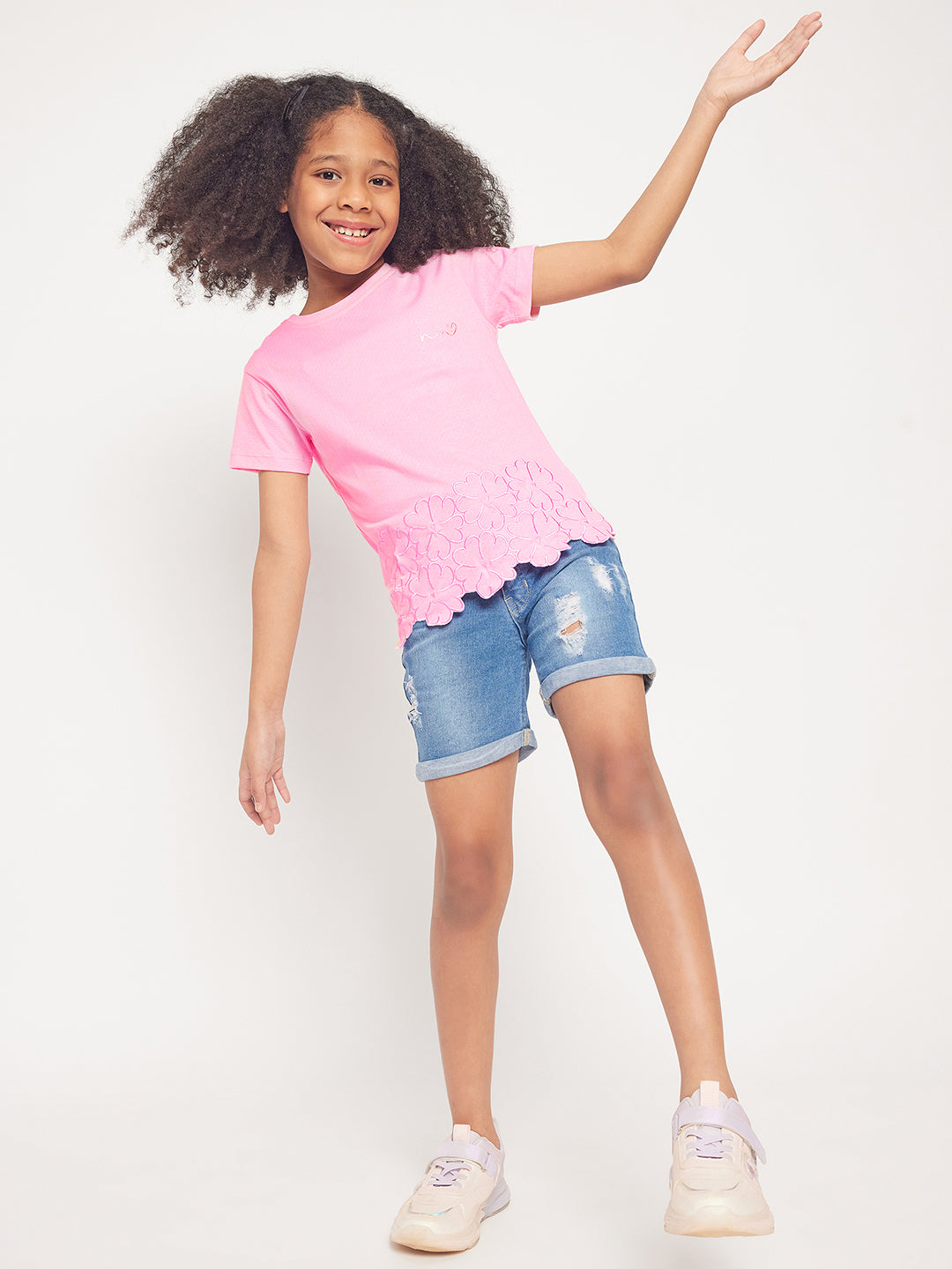 Pampolina Girls Floral Embroidery Printed Top- L.Pink