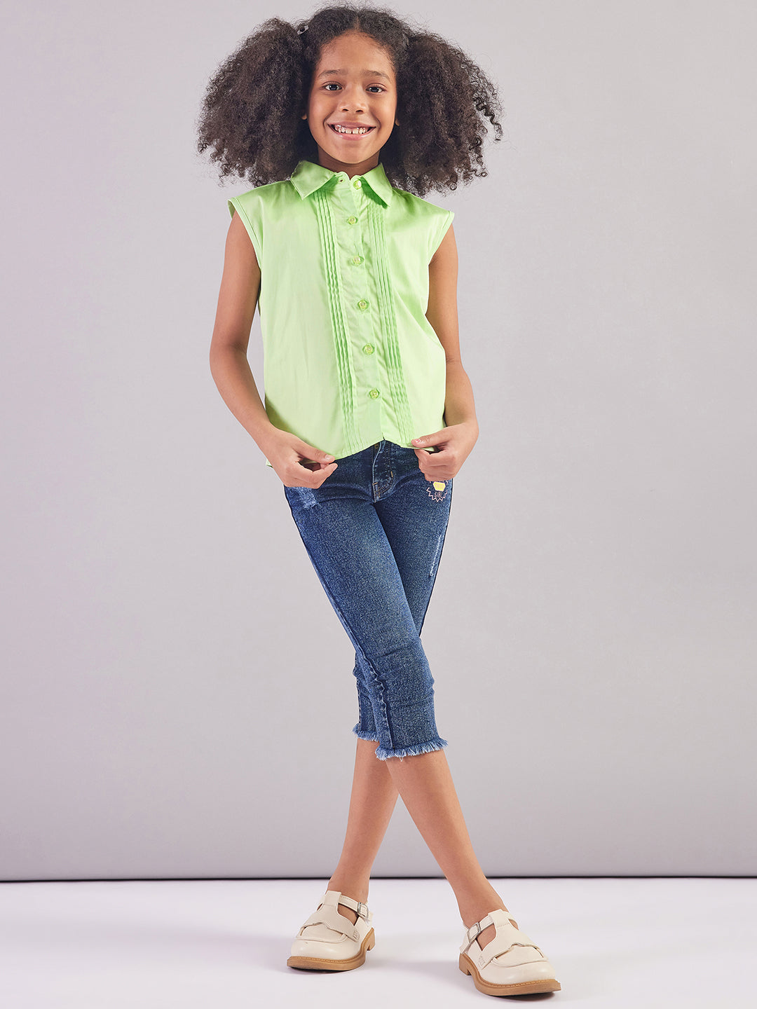 Pampolina Girls Collar Neck Textile Top-Green