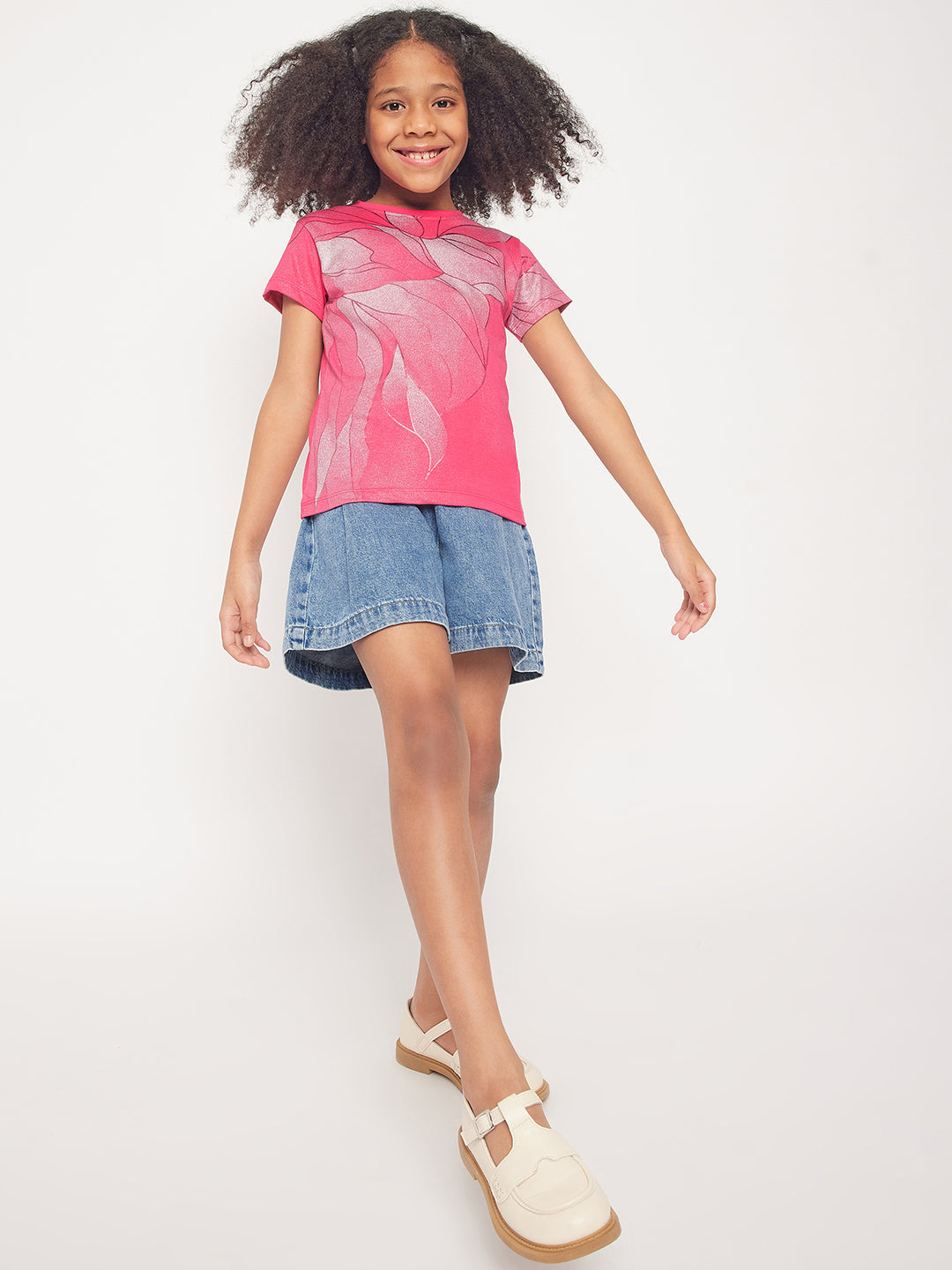 Pampolina Girls Allover Floral Printed Half Sleeve Top-Magenta