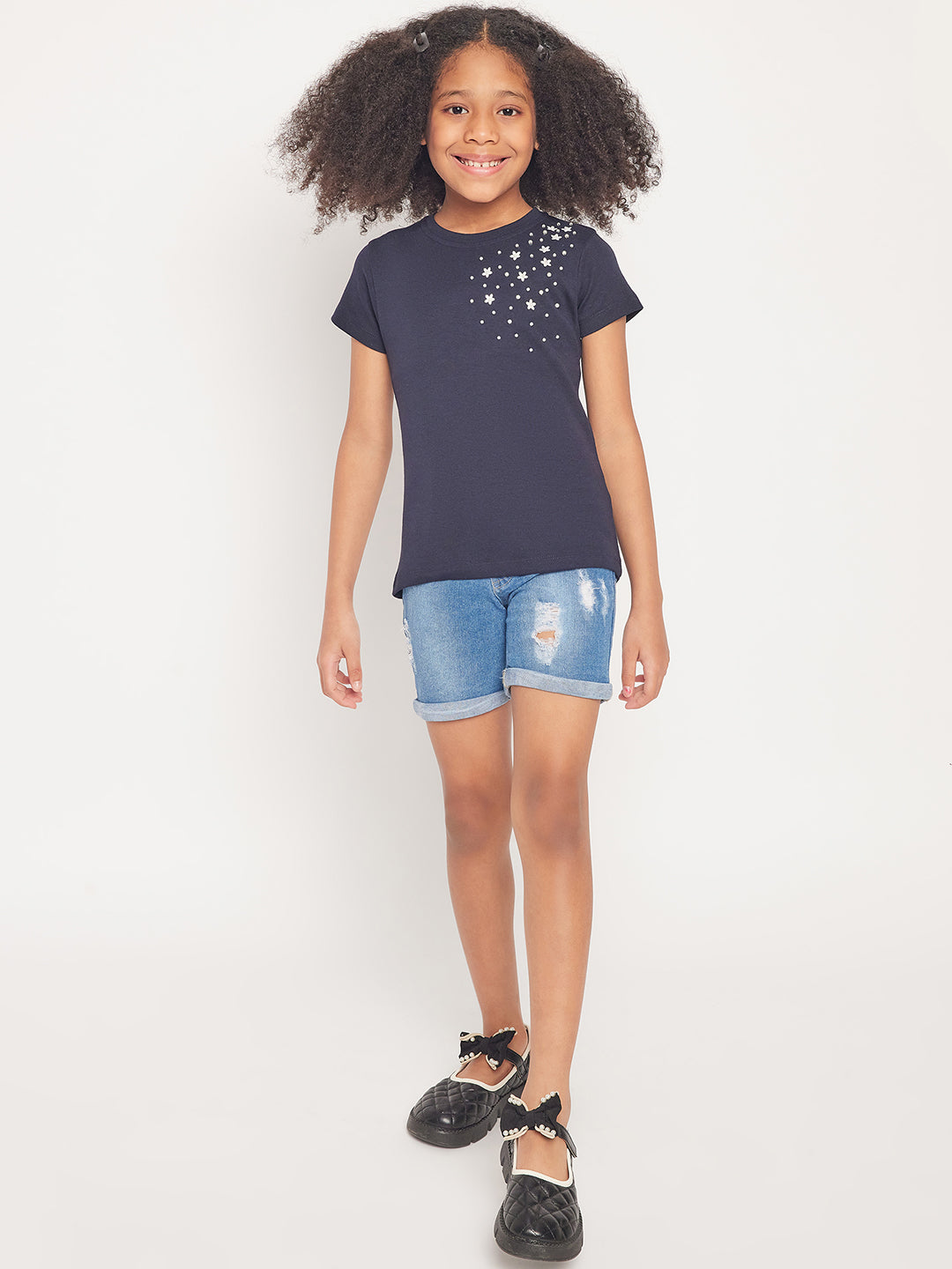 Pampolina Girls Solid Half Sleeve Top- Navy Blue