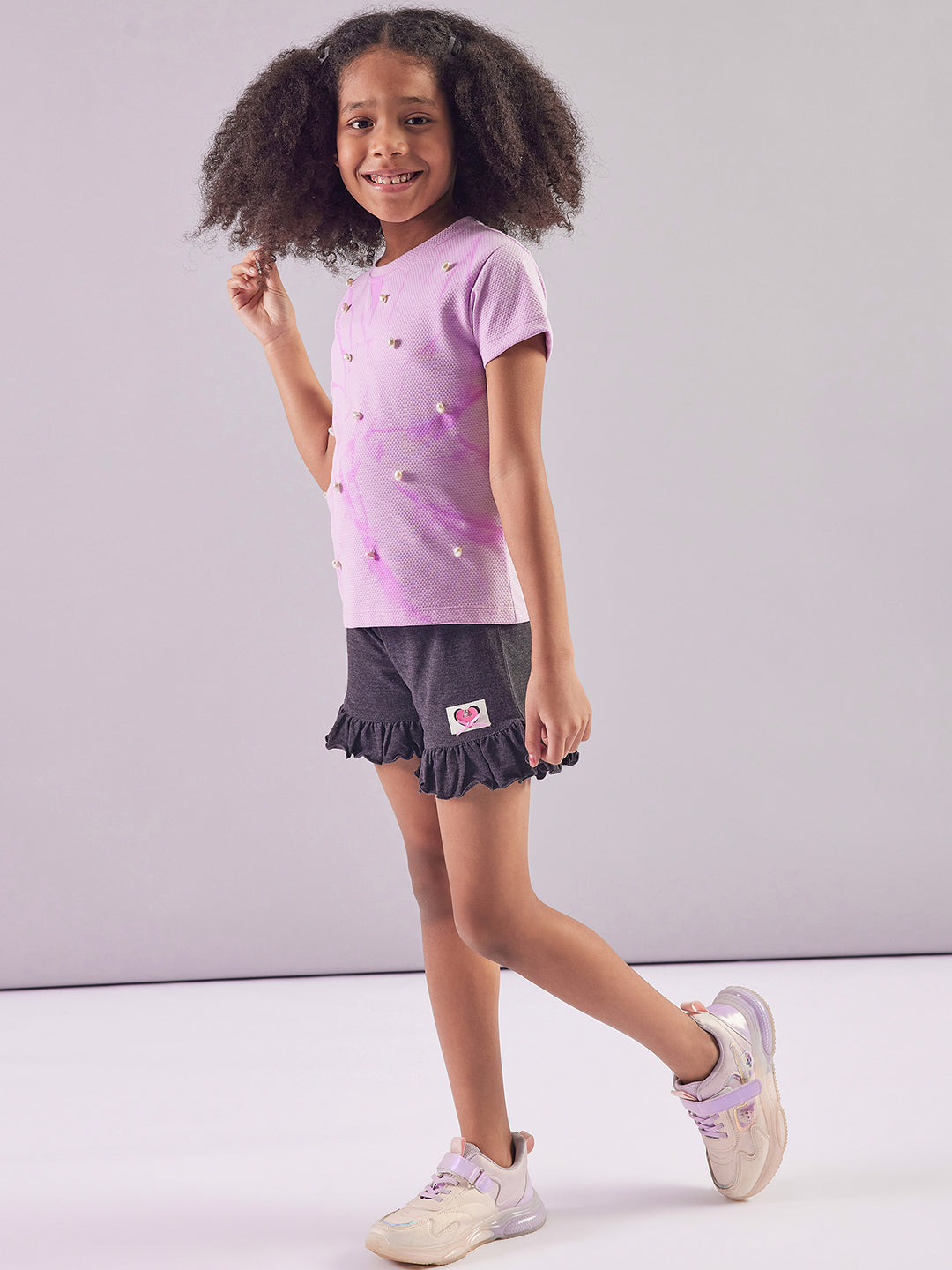 Pampolina Girls Sequined Printed Top- Lavender