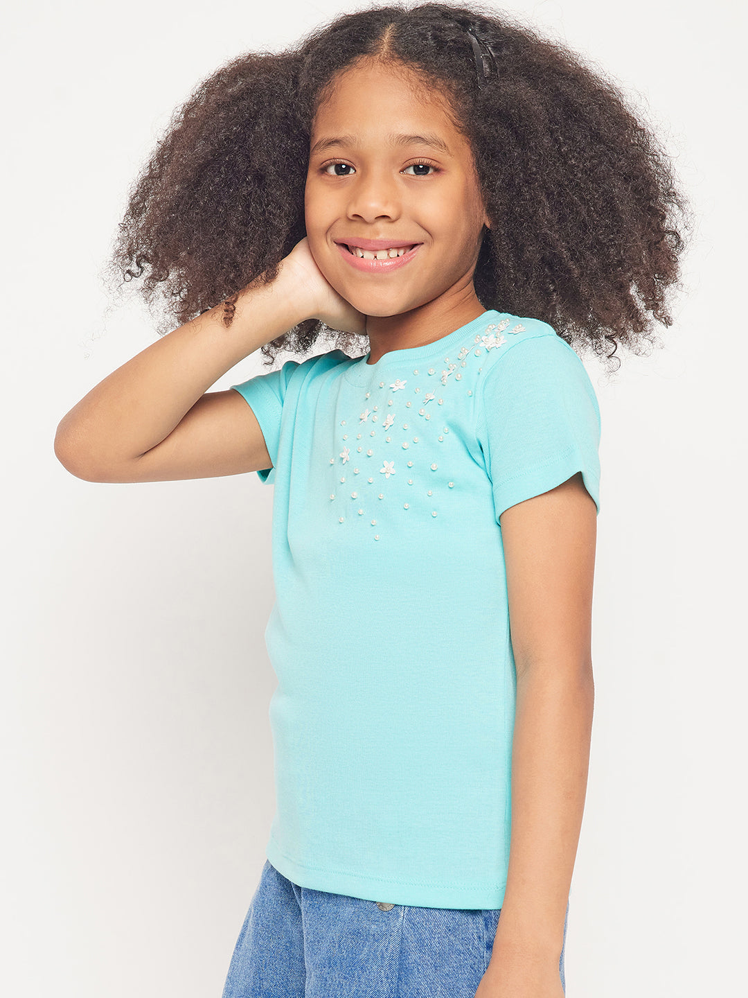 Pampolina Girls Solid Half Sleeve Top- Sky Blue