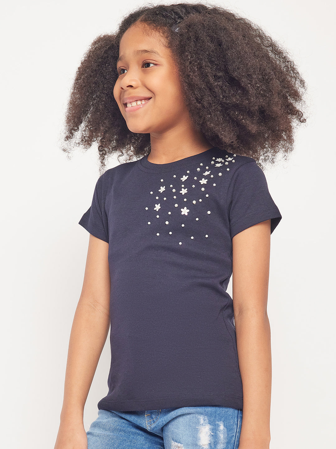 Pampolina Girls Solid Half Sleeve Top- Navy Blue