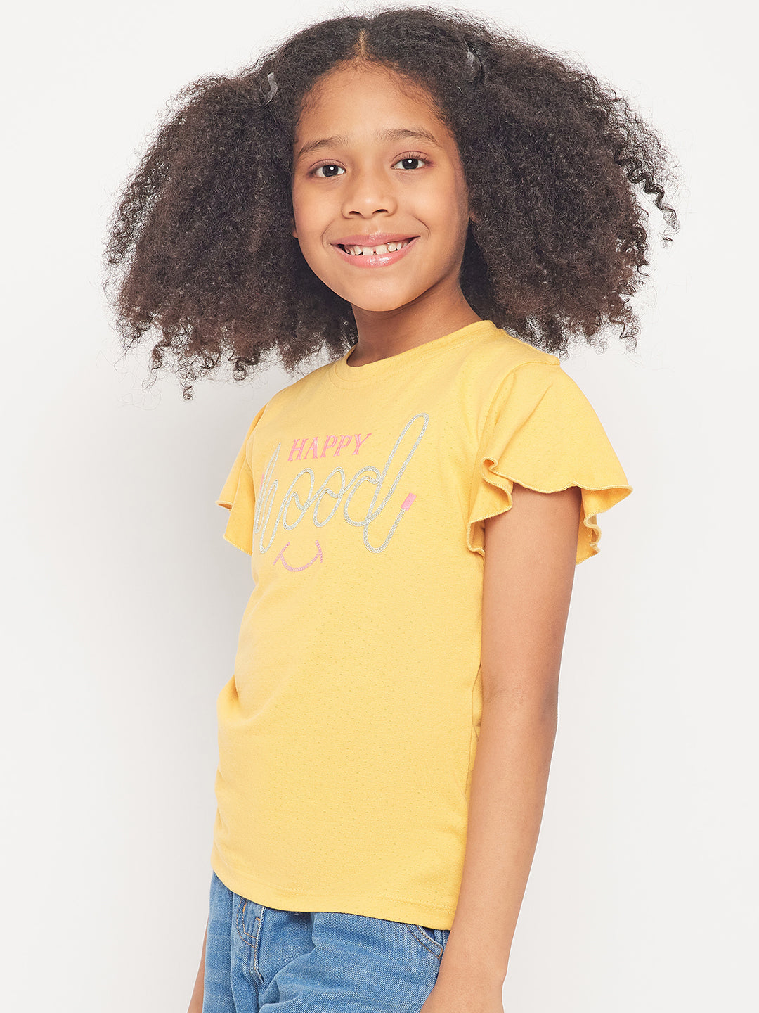 Pampolina Girls Mood Embroidery Printed Top- Mustard