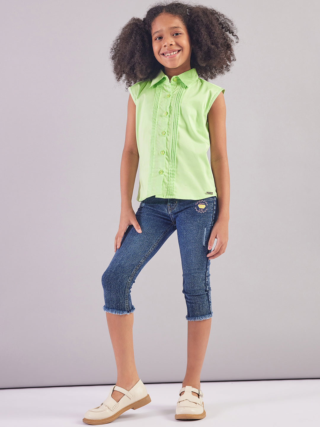Pampolina Girls Collar Neck Textile Top-Green