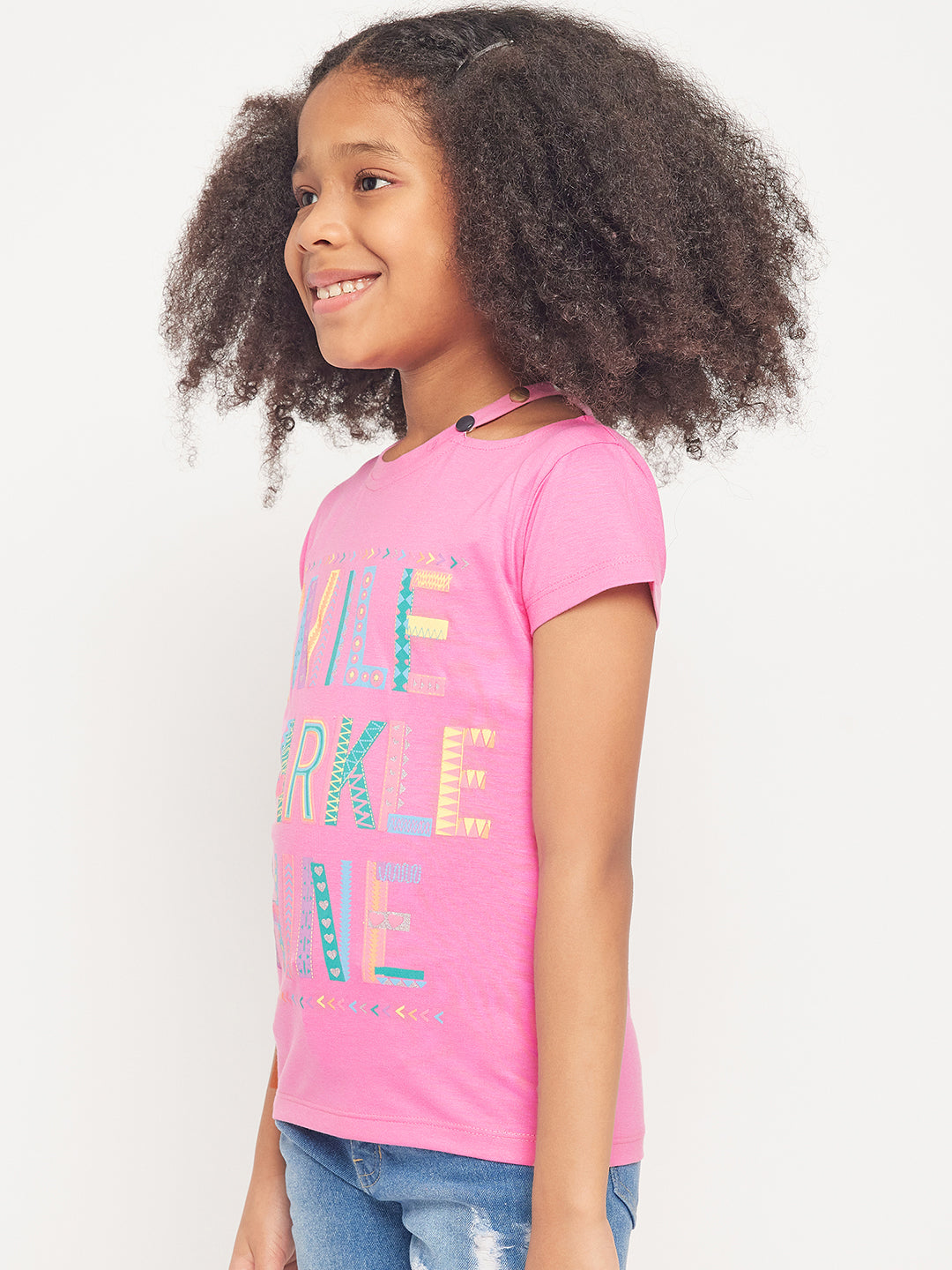 Pampolina Girls Printed Top With Cold Shoulder-Pink