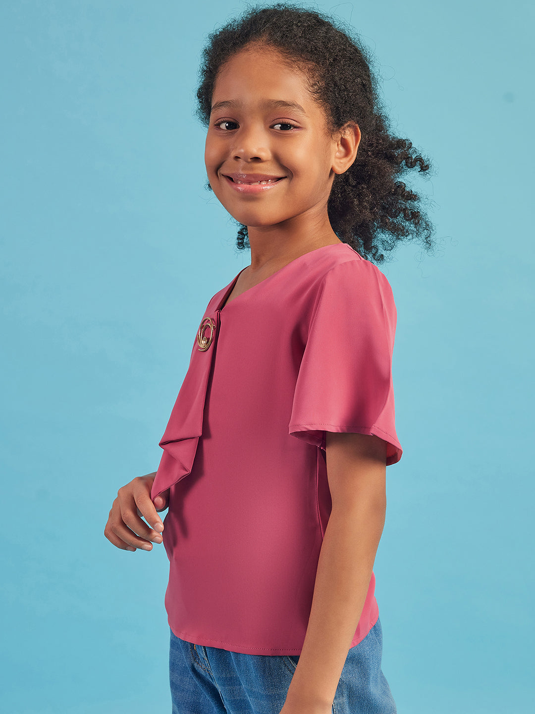 Pampolina Half Sleeve Solid Top With Tie-Coral