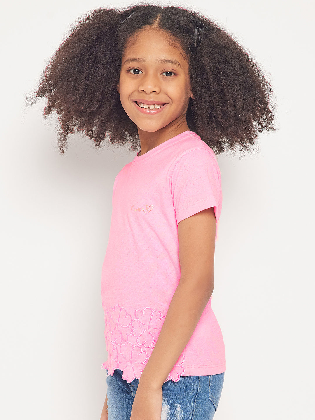 Pampolina Girls Floral Embroidery Printed Top- L.Pink