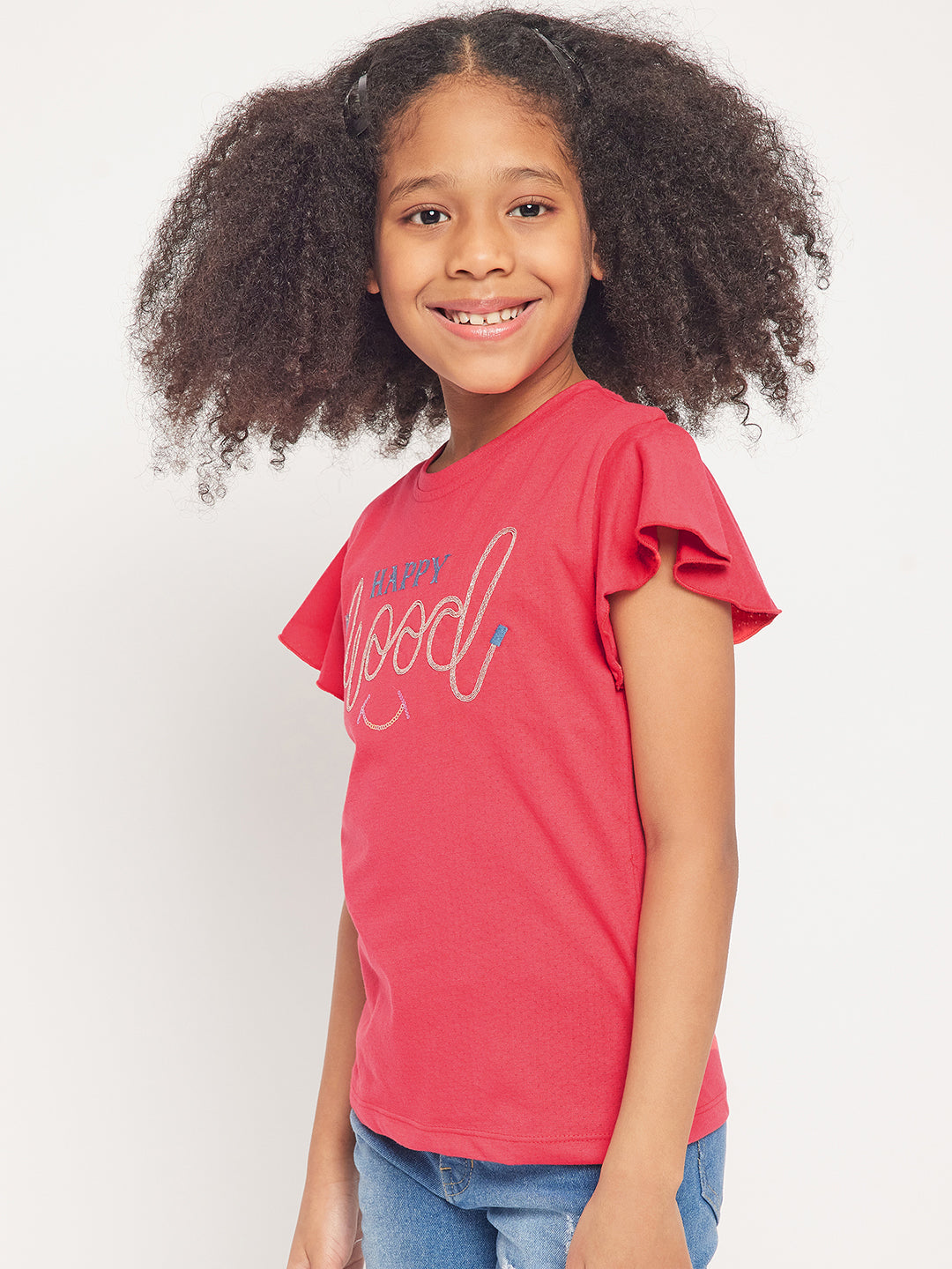 Pampolina Girls Mood Embroidery Printed Top- Coral