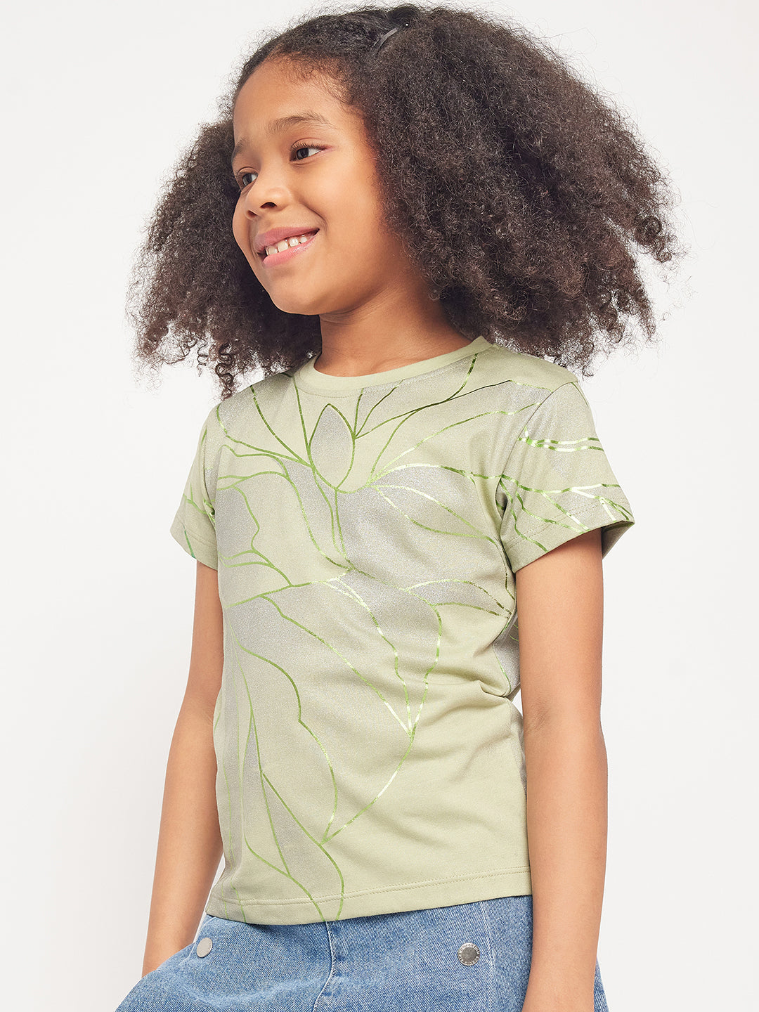 Pampolina Girls Allover Floral Printed Half Sleeve Top-Green