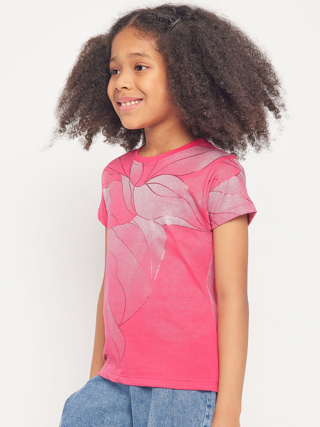 Pampolina Girls Allover Floral Printed Half Sleeve Top-Magenta