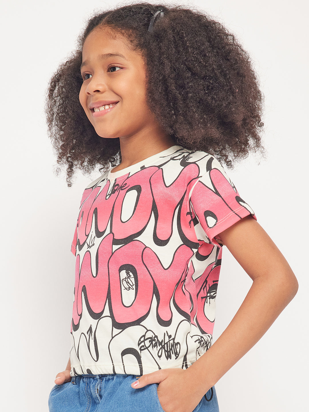 Pampolina Girls Graphic Allover Printed Top-Off-White