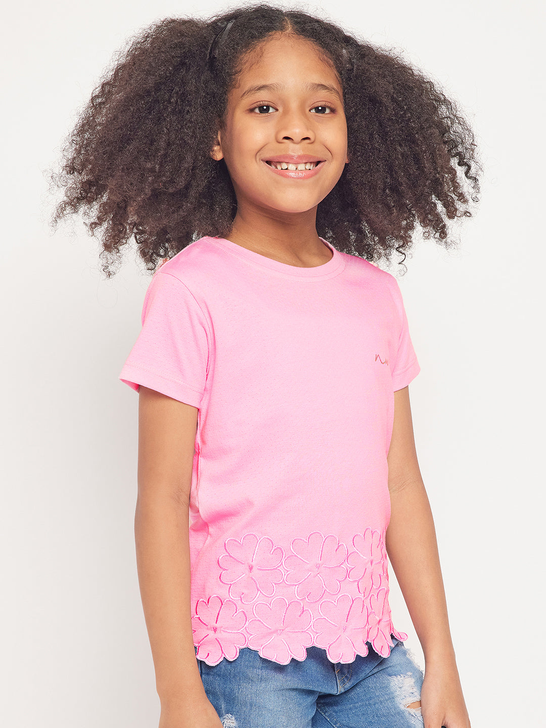 Pampolina Girls Floral Embroidery Printed Top- L.Pink