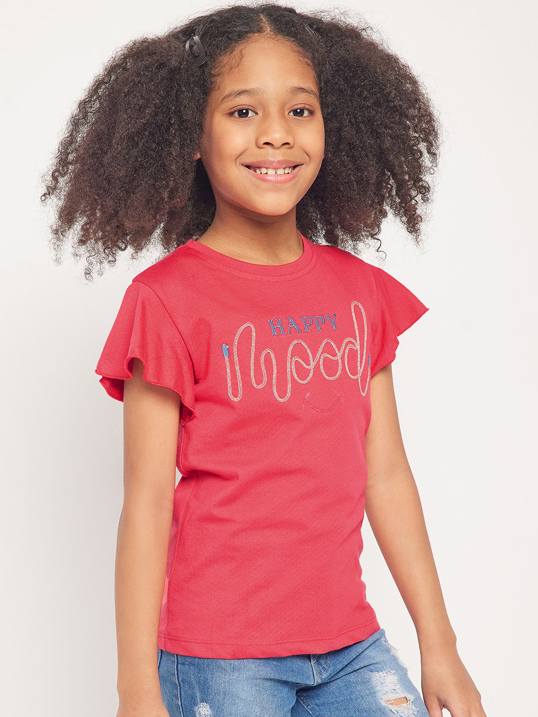 Pampolina Girls Mood Embroidery Printed Top- Coral