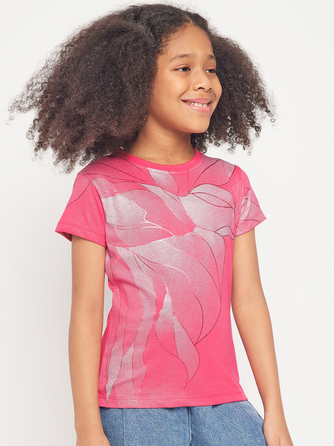 Pampolina Girls Allover Floral Printed Half Sleeve Top-Magenta