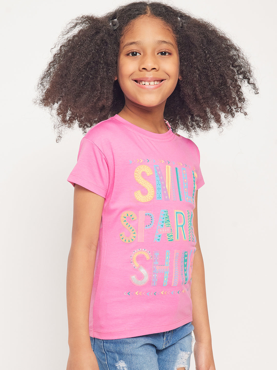 Pampolina Girls Printed Top With Cold Shoulder-Pink