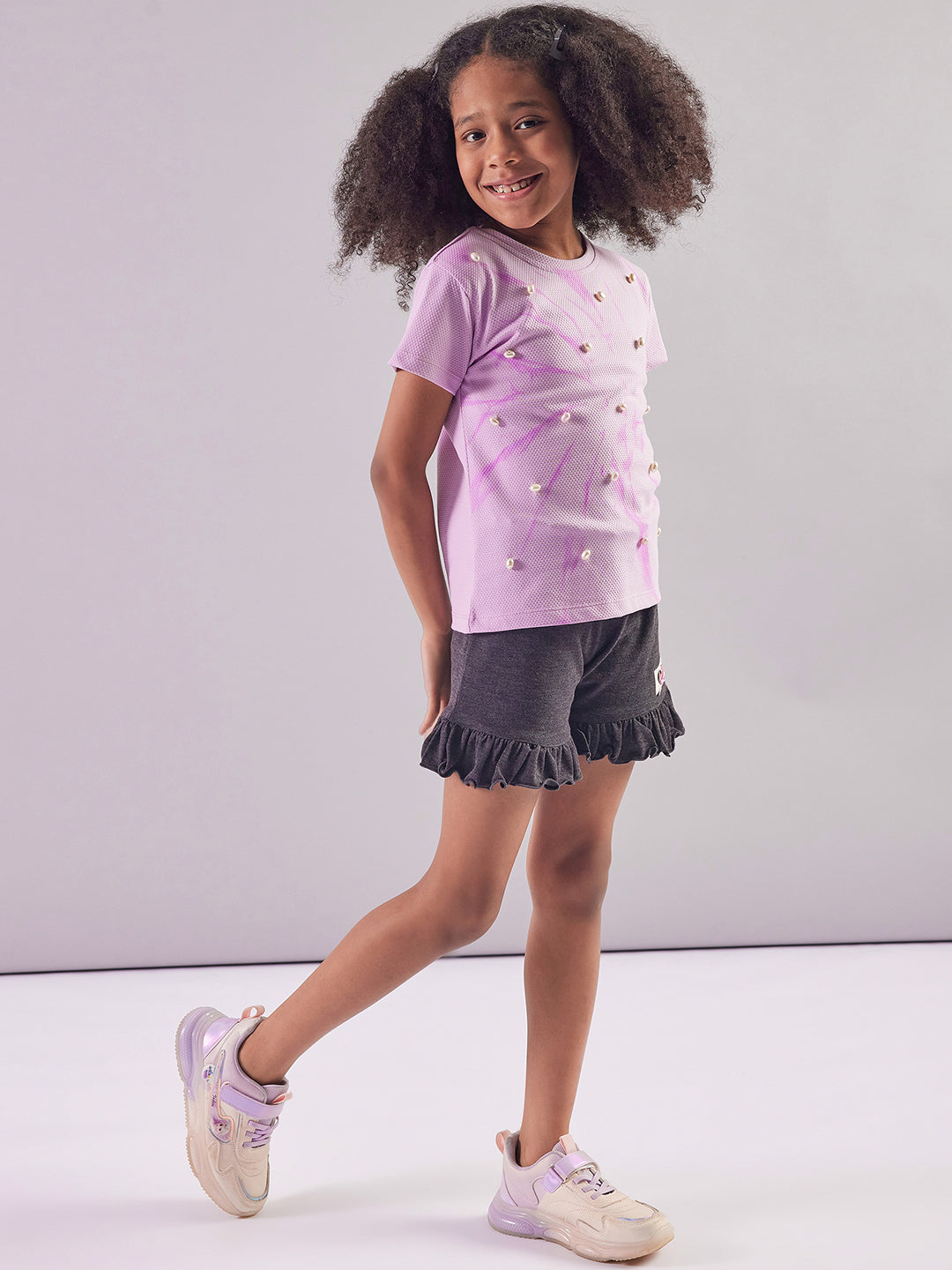 Pampolina Girls Sequined Printed Top- Lavender