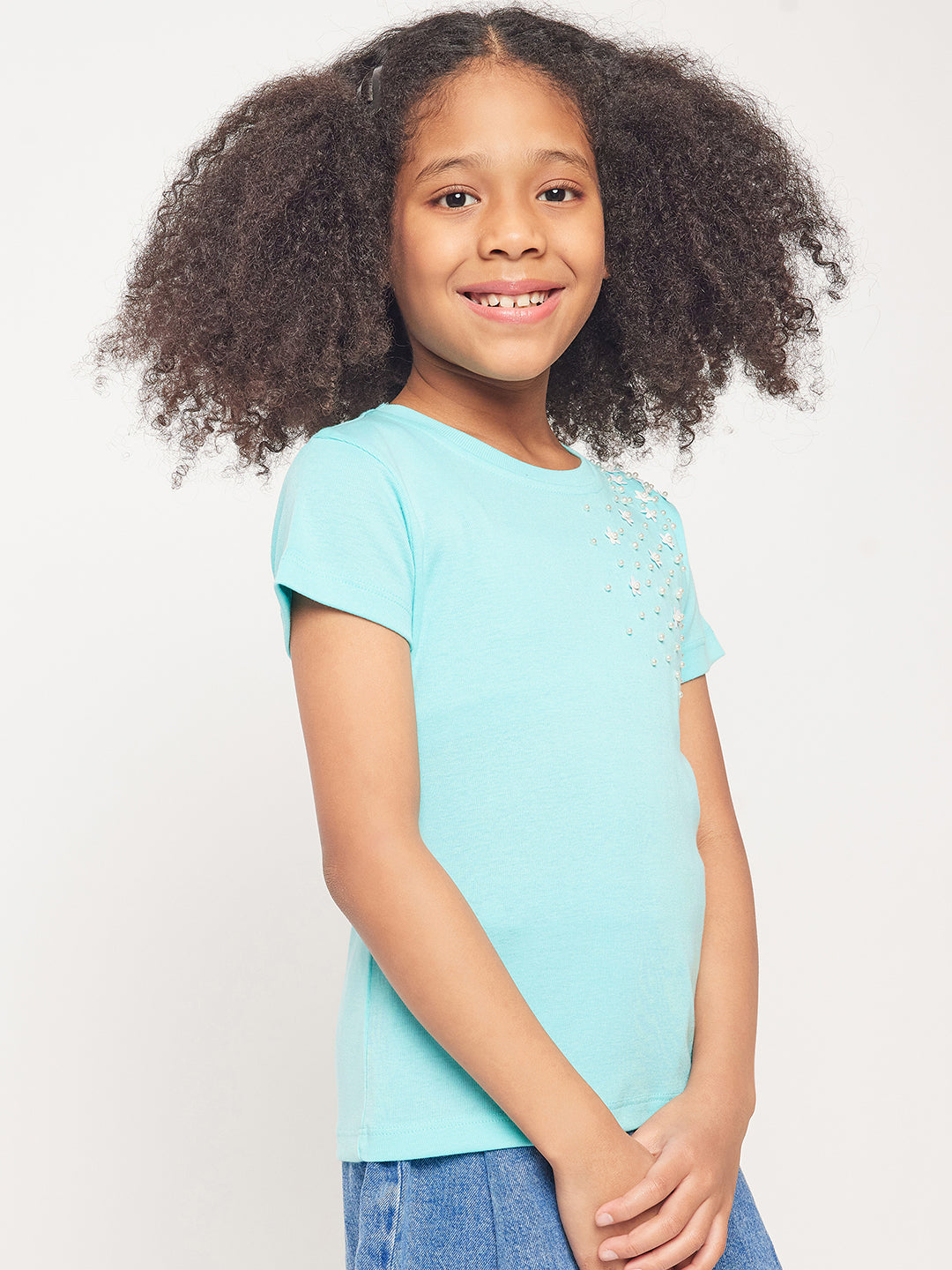 Pampolina Girls Solid Half Sleeve Top- Sky Blue