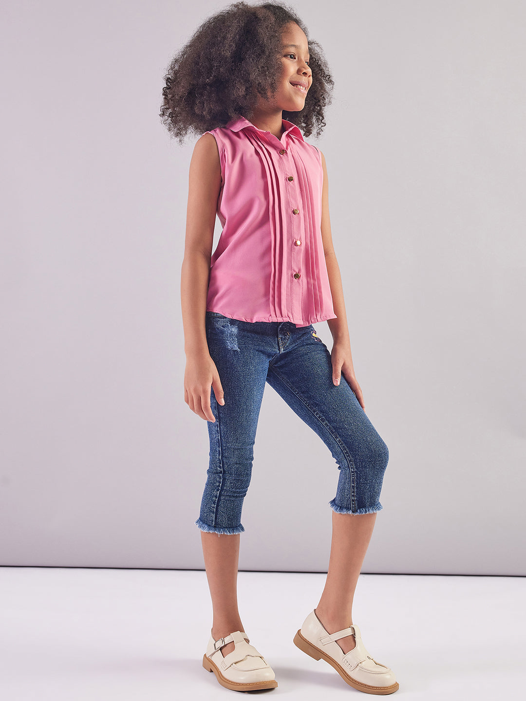 Pamolina Girls Sleeveless Solid Textile Top-Pink