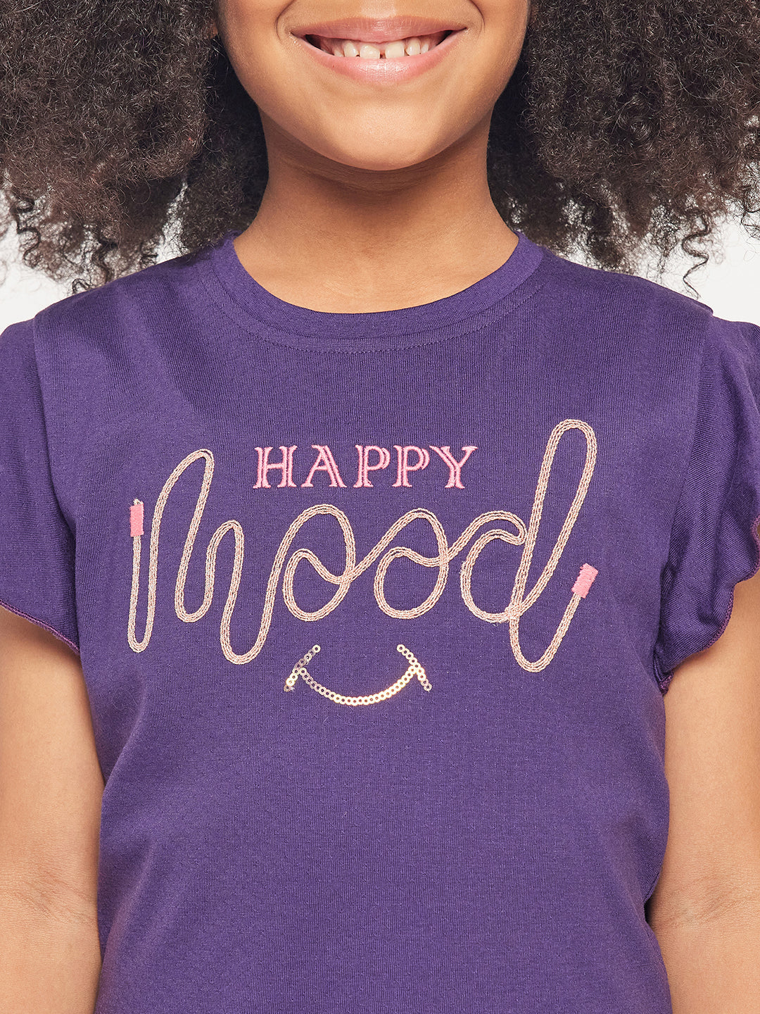 Pampolina Girls Mood Embroidery Printed Top- Purple