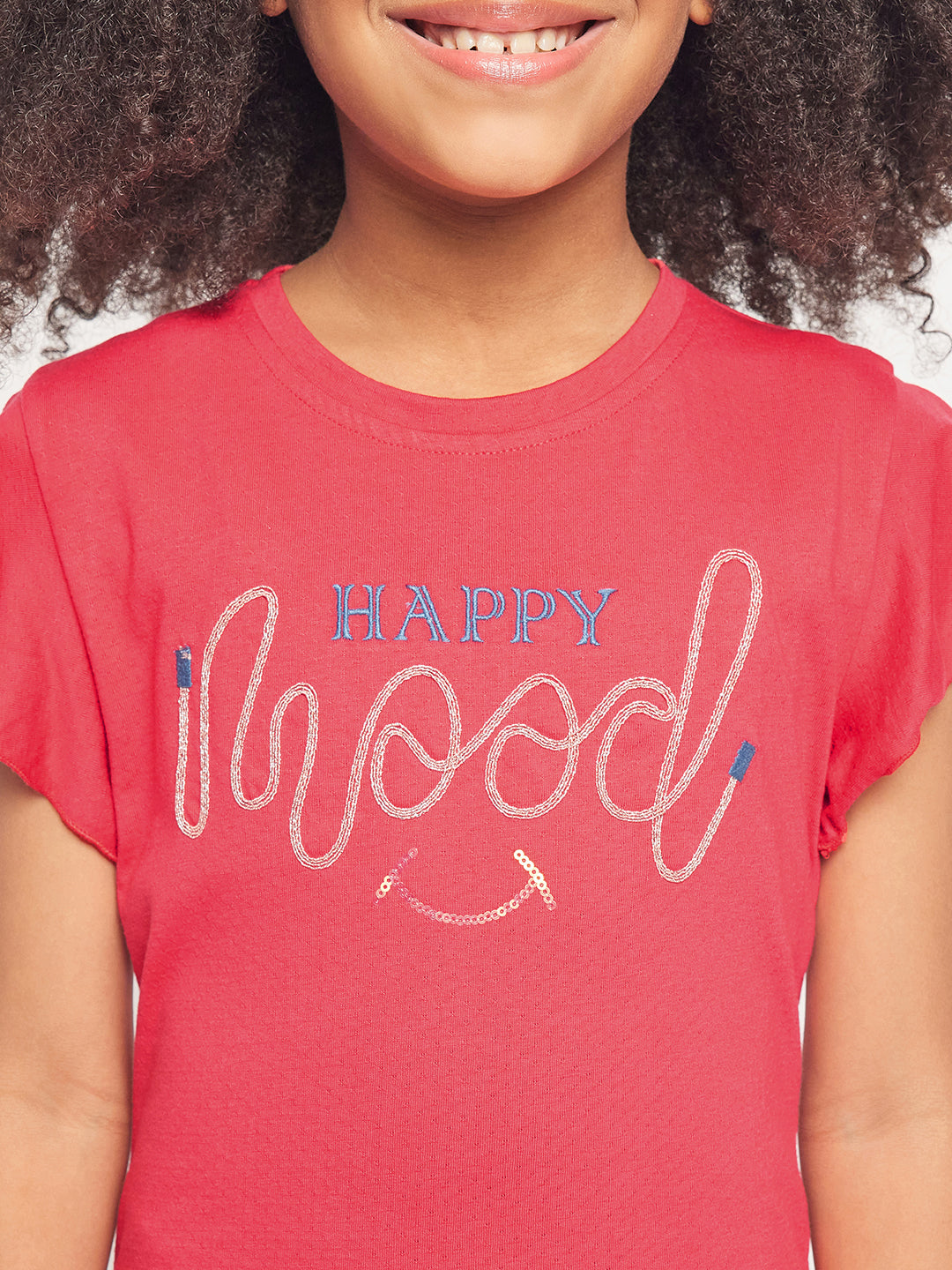 Pampolina Girls Mood Embroidery Printed Top- Coral