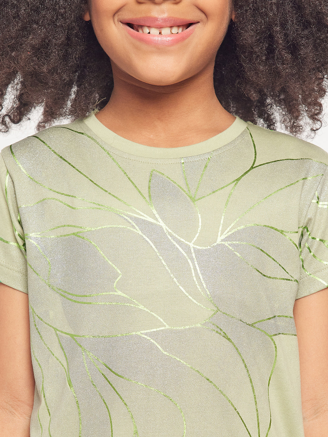 Pampolina Girls Allover Floral Printed Half Sleeve Top-Green