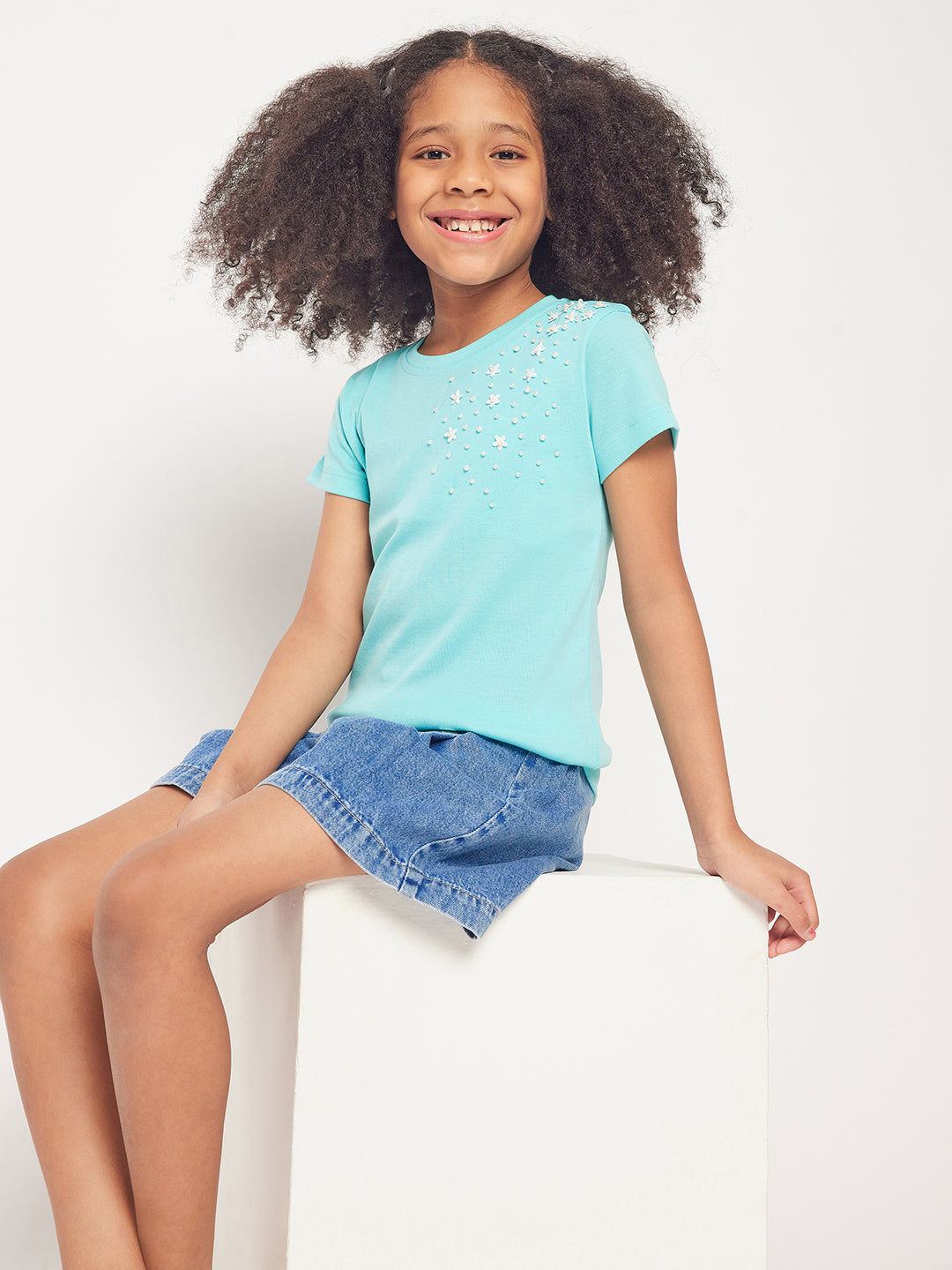 Pampolina Girls Solid Half Sleeve Top- Sky Blue