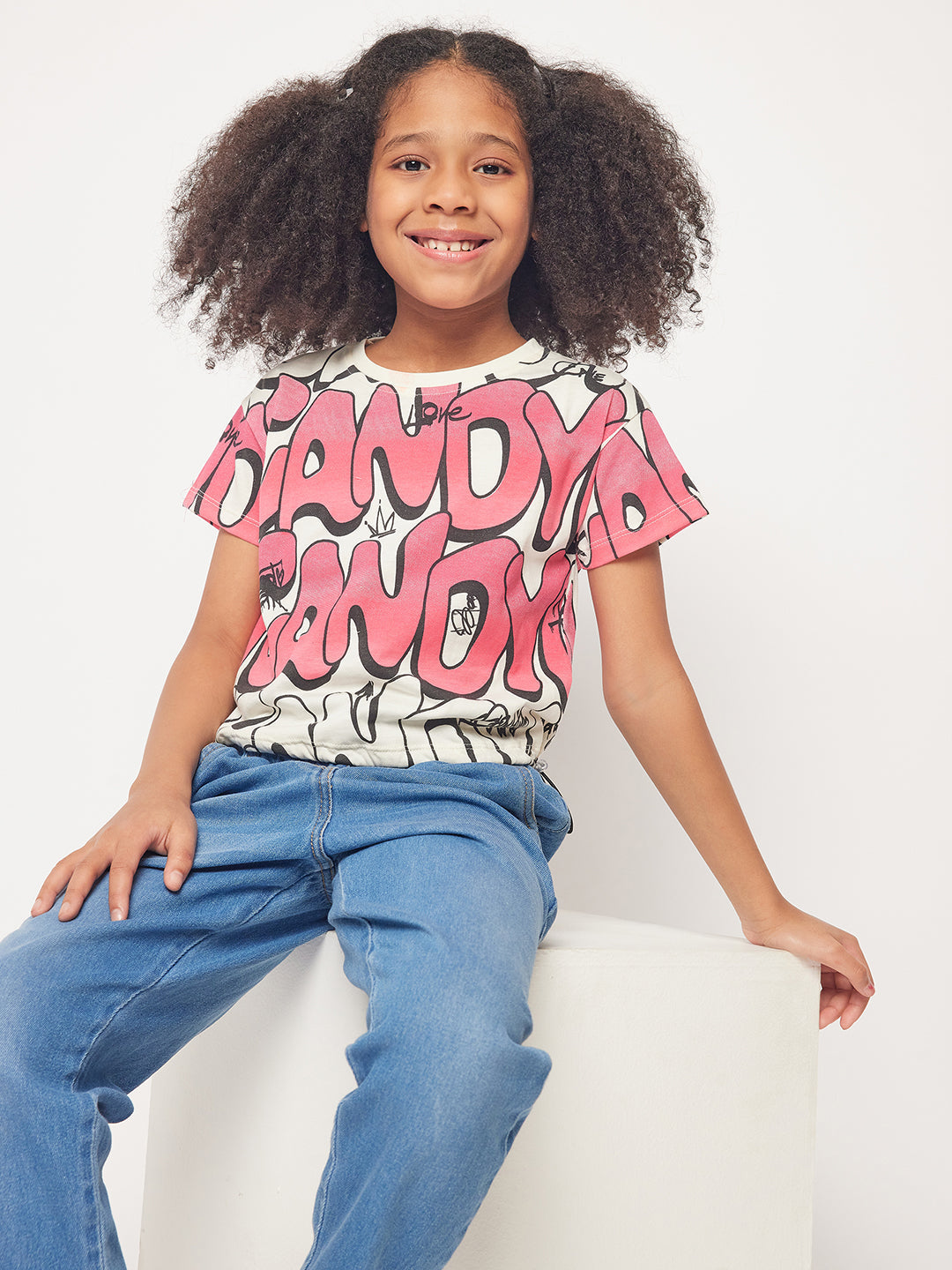 Pampolina Girls Graphic Allover Printed Top-Off-White