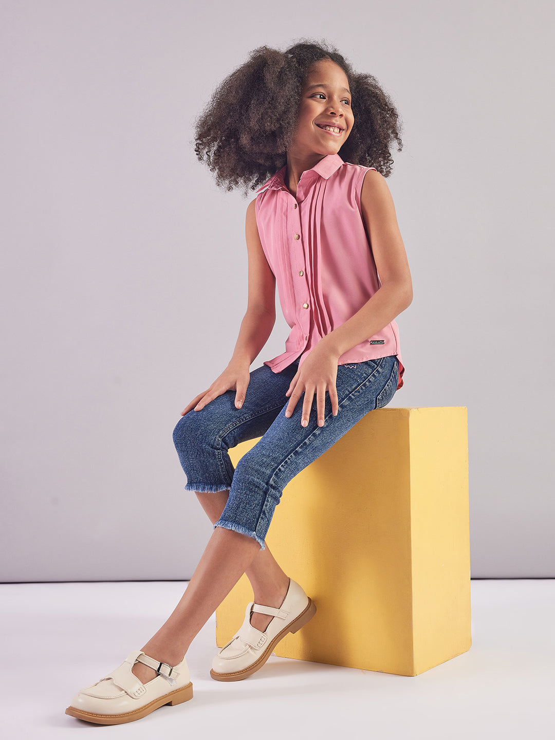 Pampolina Girls Denim Solid Capri- D.Blue