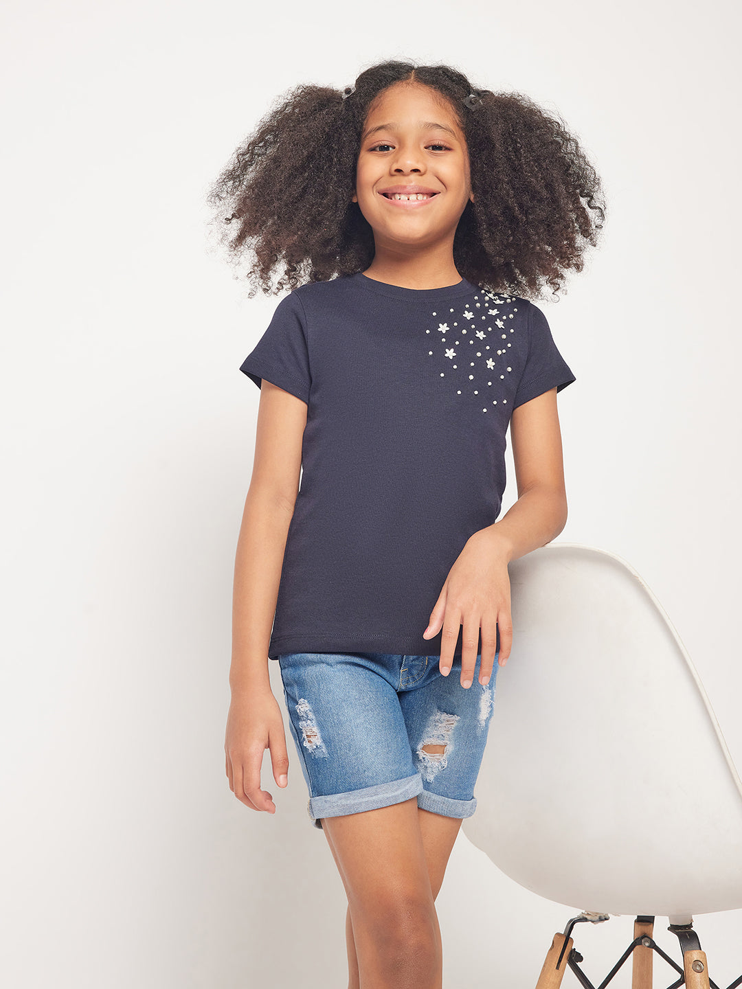 Pampolina Girls Solid Half Sleeve Top- Navy Blue