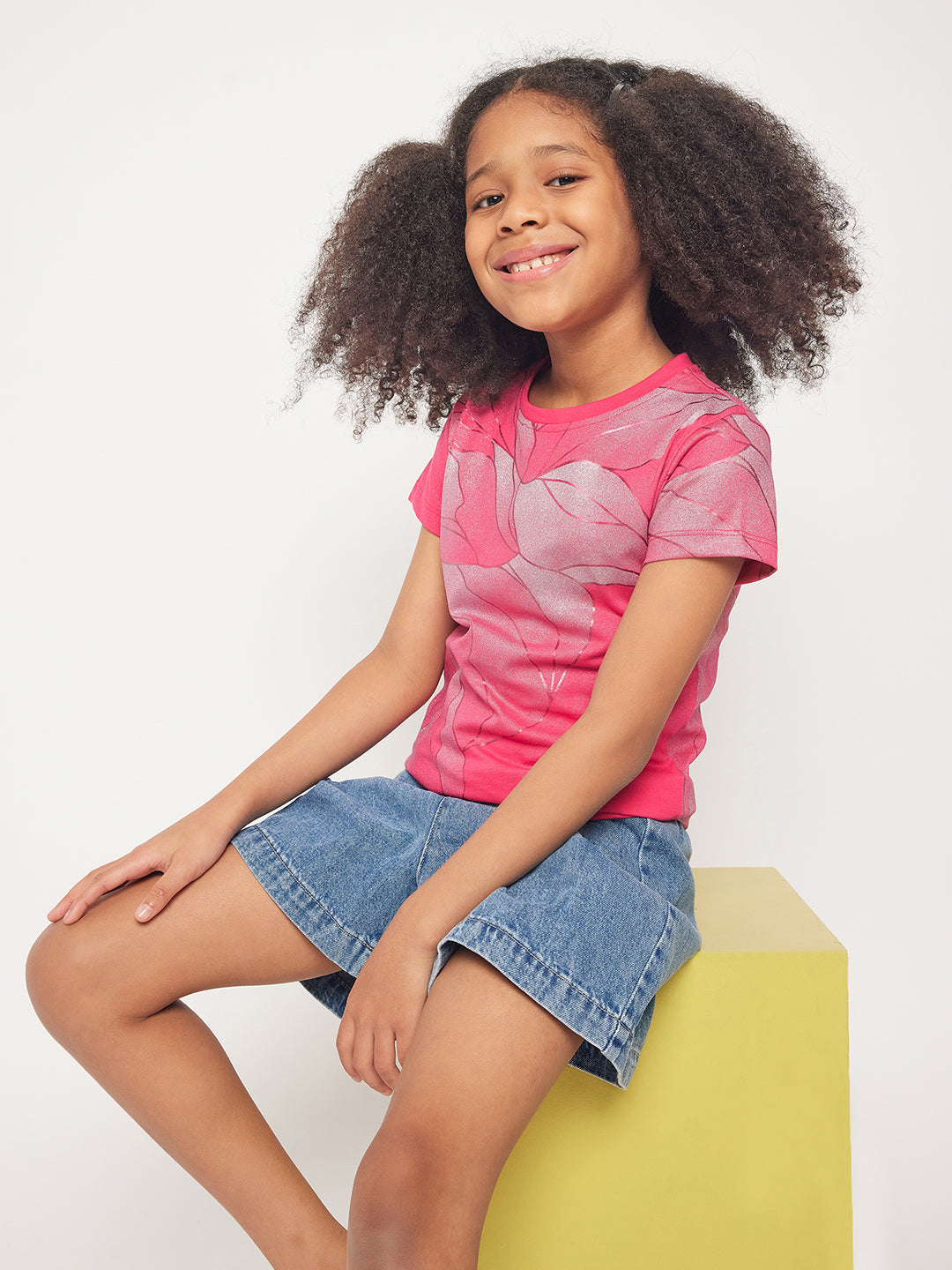 Pampolina Girls Allover Floral Printed Half Sleeve Top-Magenta