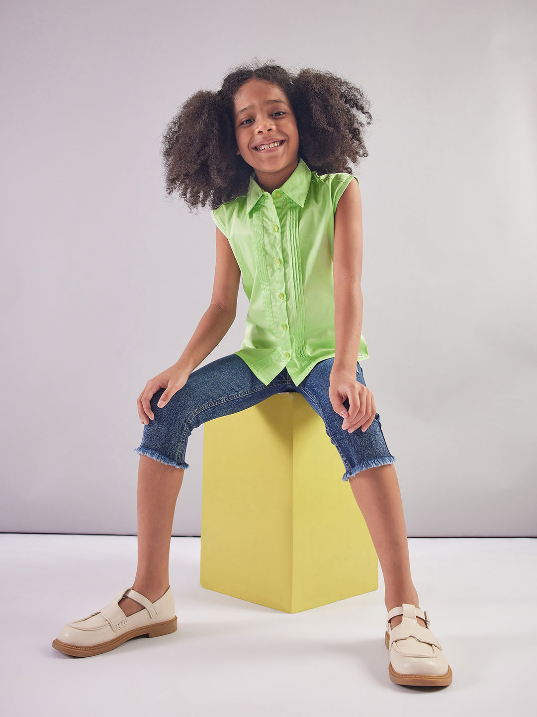 Pampolina Girls Collar Neck Textile Top-Green