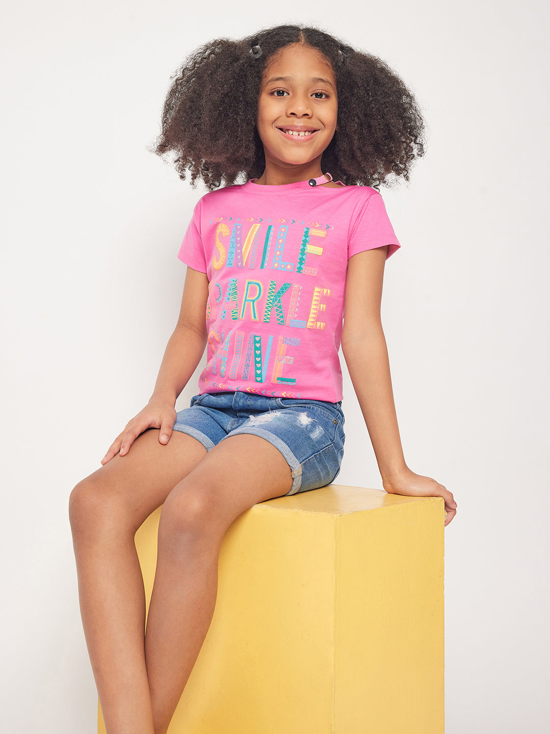 Pampolina Girls Printed Top With Cold Shoulder-Pink