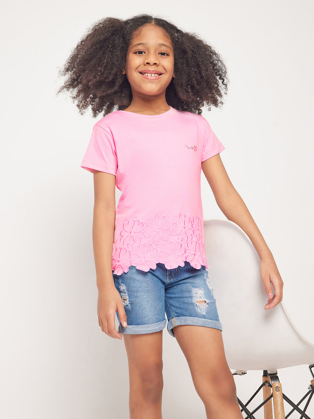 Pampolina Girls Floral Embroidery Printed Top- L.Pink