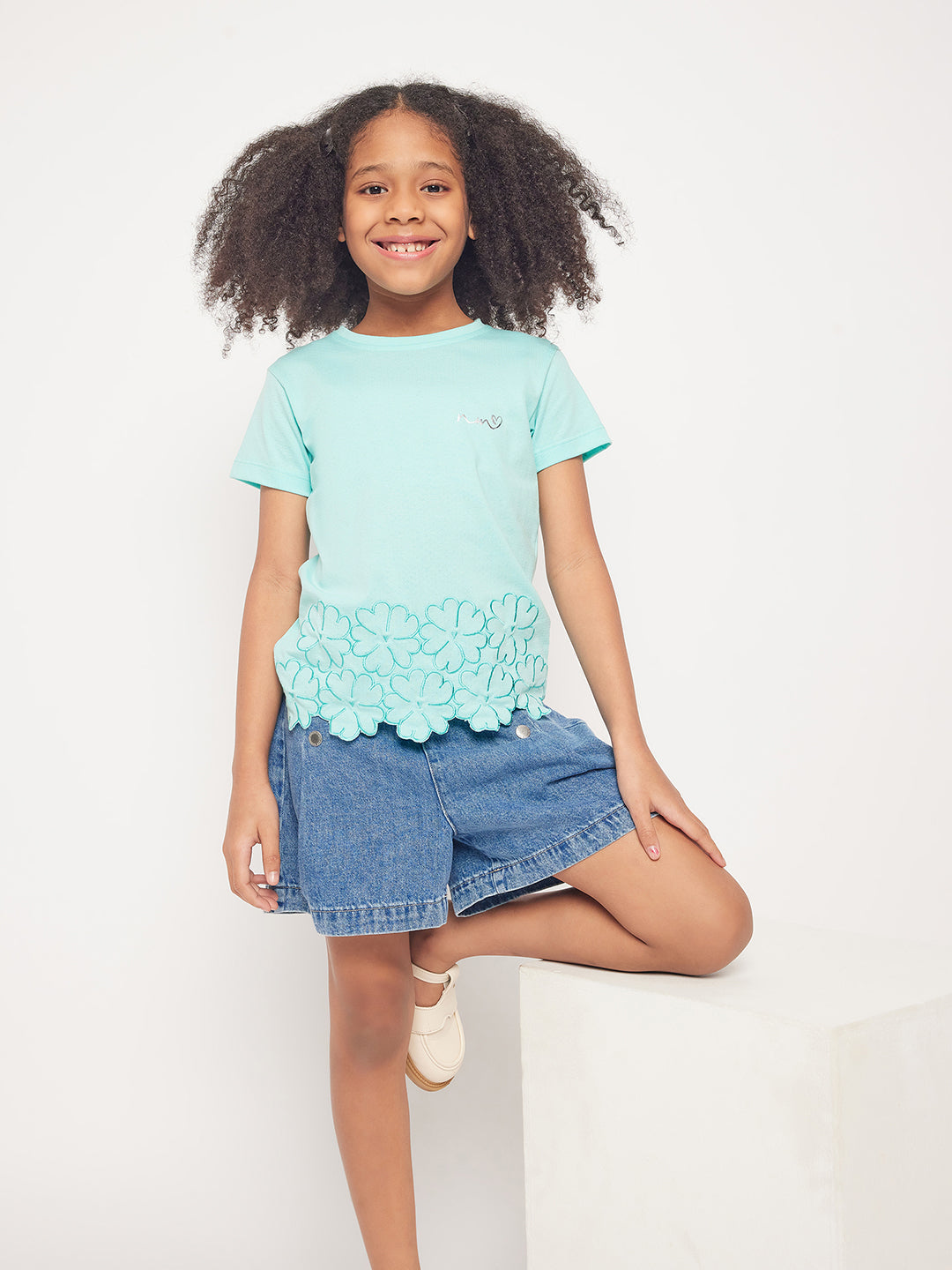 Pampolina Girls Embordering Printed Top- C.Green